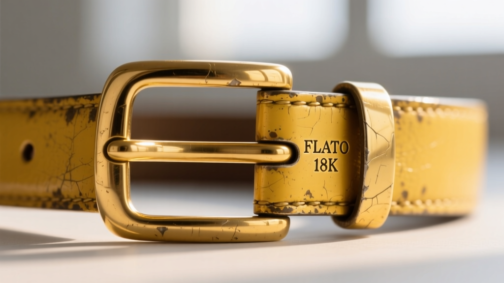 Macro photography of a vintage jewelry hallmark stamped FLATO and 18K on the underside of a textured yellow gold belt clasp link