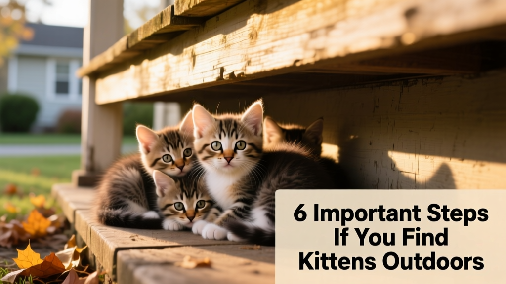 A small group of kittens huddled together under a bush or porch, with soft natural lighting