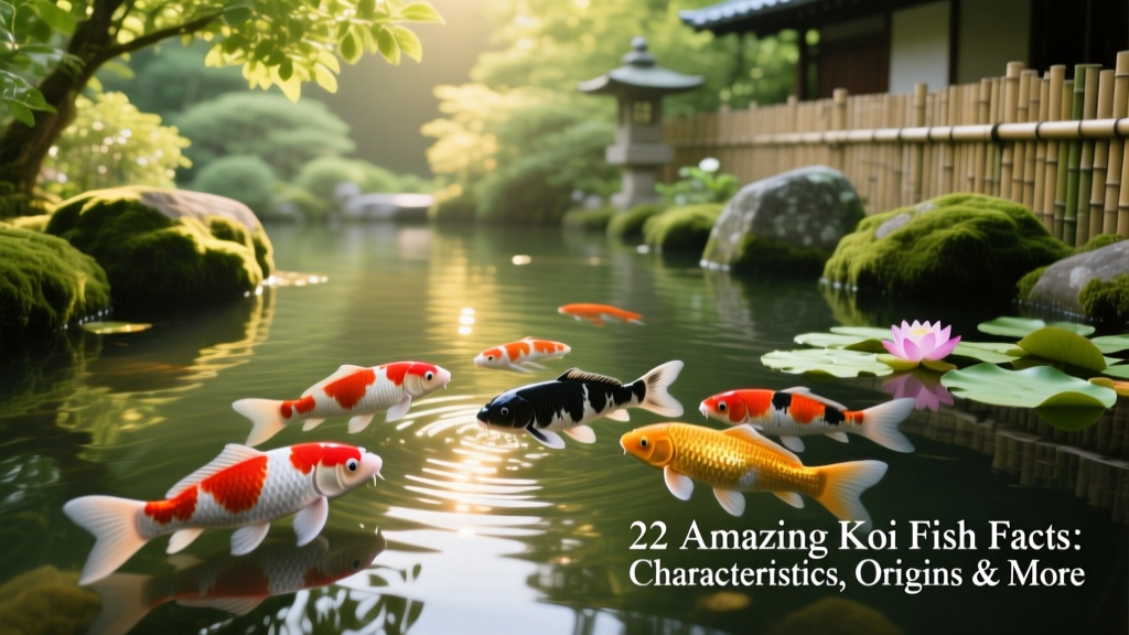 A serene outdoor koi pond with clear water, lush greenery, and several colorful koi swimming near the surface