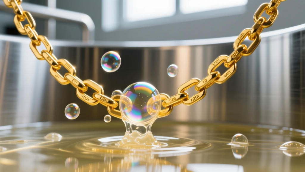 Macro photo of cavitation bubbles on a 14k yellow gold chain submerged in clear liquid cleaning solution inside a metal tank.