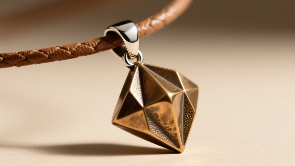 Macro shot of a heavy bronze geometric pendant sliding onto a thick 5mm leather cord, highlighting the large sterling silver bail.