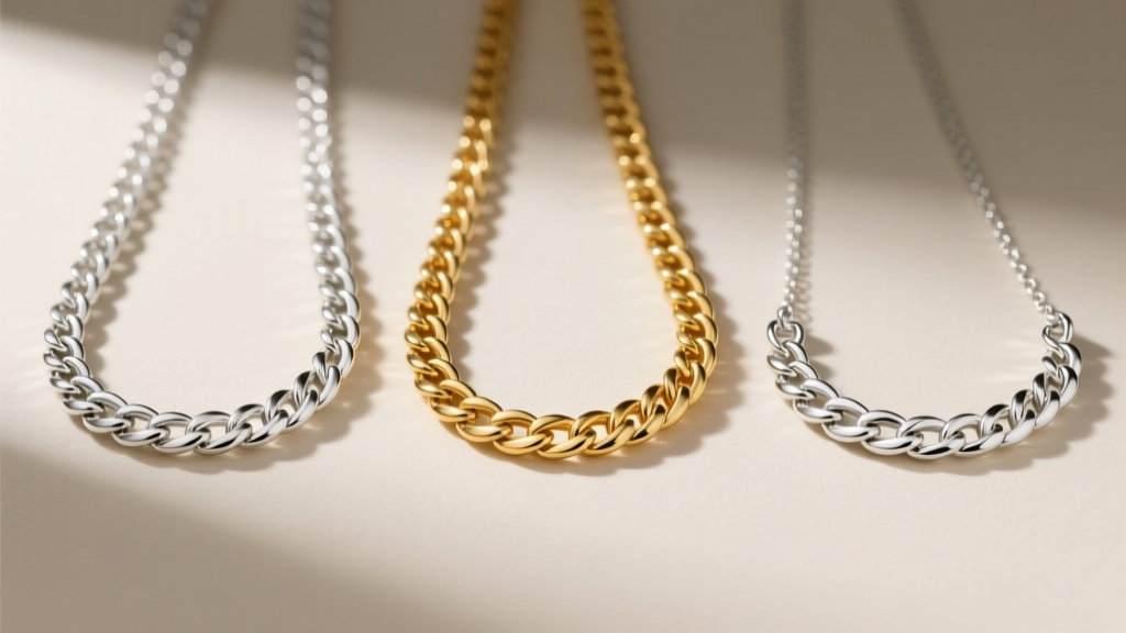 Three wheat chain necklaces side-by-side comparing the colors of bright sterling silver, warm 14k gold, and white platinum metals