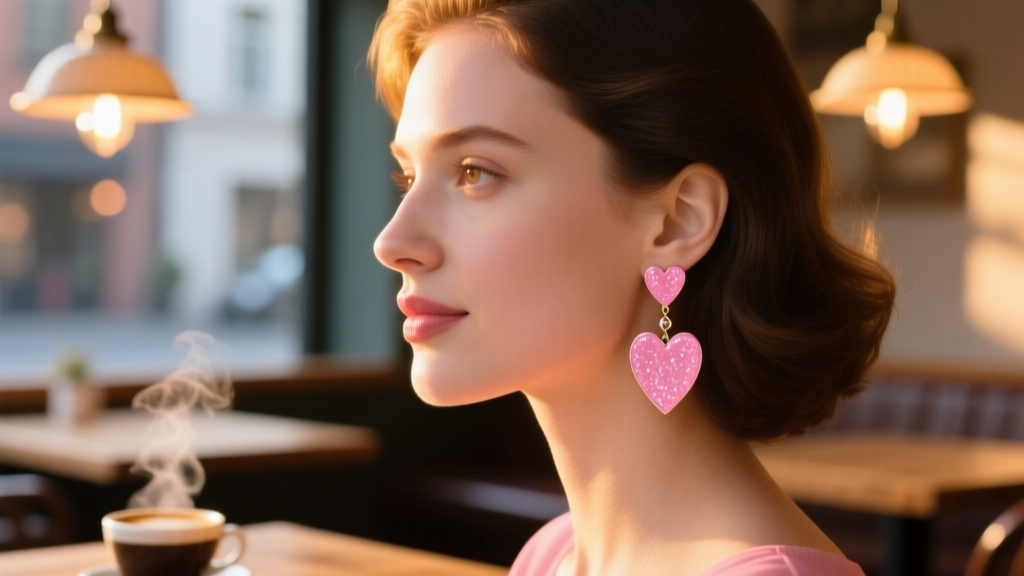 Side profile of a woman with a round face wearing long pink heart drop earrings, blurred cafe background, warm golden hour light.