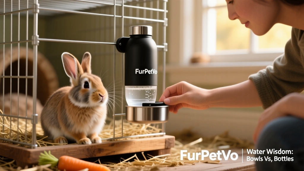 Rabbit owner checking water level in a FurPetVo-branded water bottle mounted on a wire cage