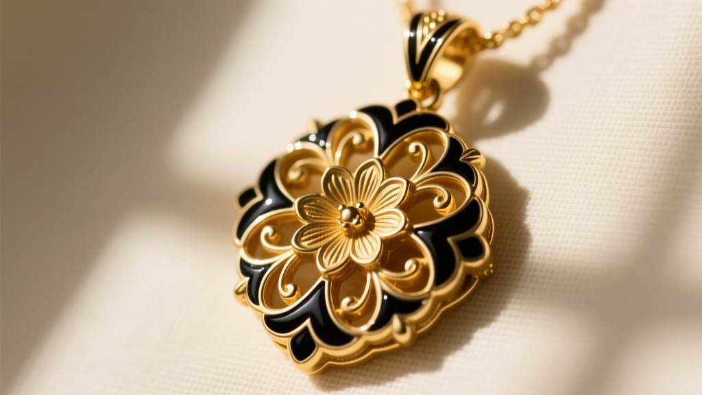 Close-up of a vintage 14k yellow gold Hawaiian heirloom pendant with intricate floral scrollwork and deep black vitreous enamel