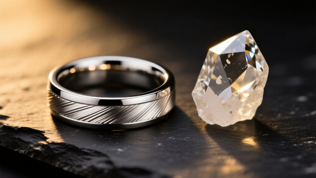 Macro shot of brushed platinum wedding band on dark slate beside raw diamond crystal under warm directional studio lighting