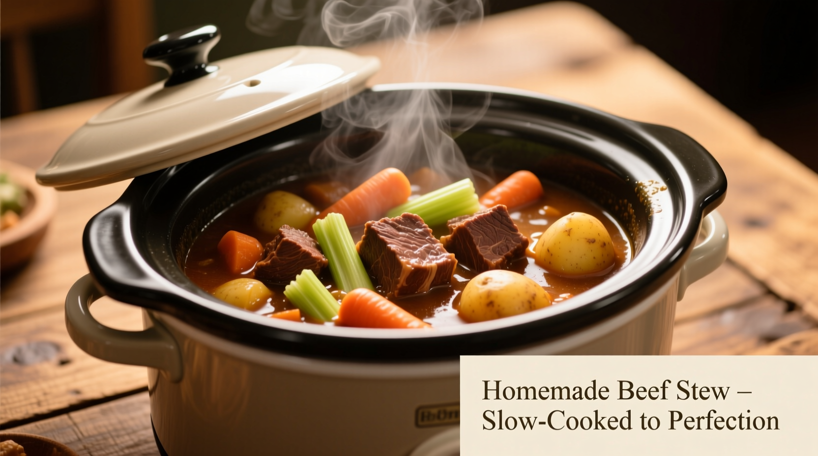 Slow cooker filled with rich beef stew and vegetables
