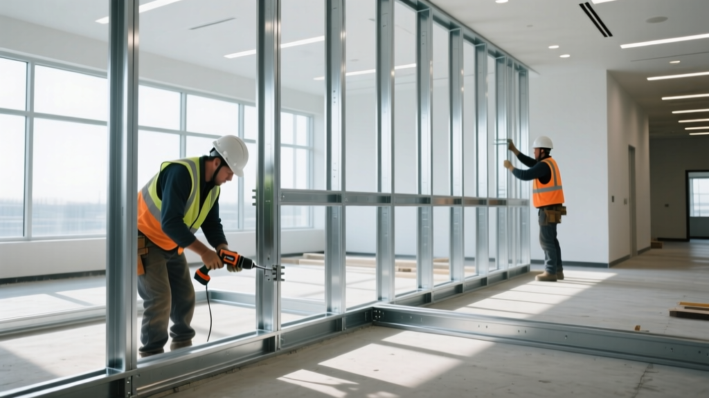 Crew installing a galvanized cold-formed steel framing system with metal studs on a concrete slab in a bright commercial interior.