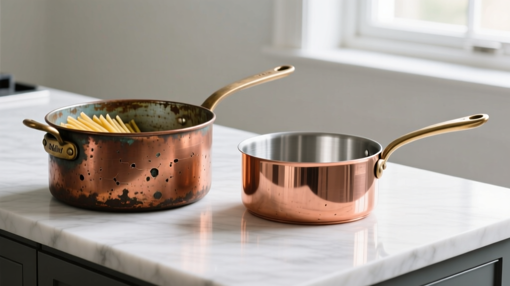 Patinated vintage copper pasta pot with worn tin lining beside a freshly re-tinned Ruffoni saucepan on a marble kitchen island