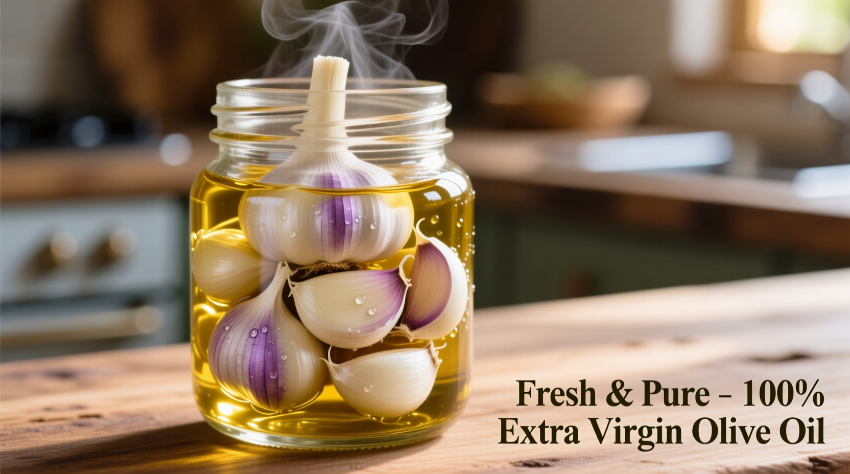 Fresh garlic cloves steeping in olive oil in glass jar