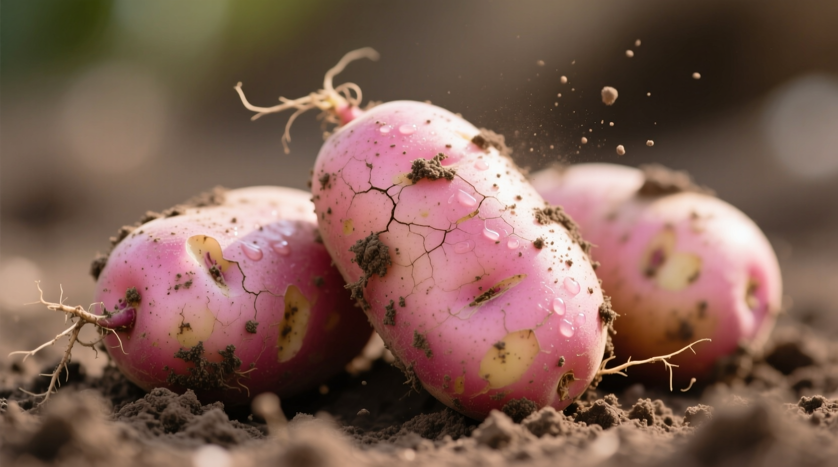 Fresh pink potatoes with soil still visible