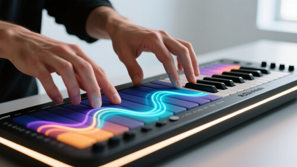 Close-up of hands playing the ROLI Seaboard RISE 49 MIDI controller, highlighting the colorful keywave surface and glowing LED touch strips