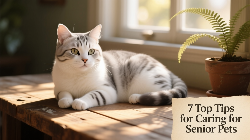 An elderly white tabby cat resting comfortably on a sunlit wooden surface