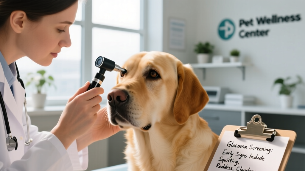 Veterinarian using a tonometer to gently measure intraocular pressure in a calm dog's eye