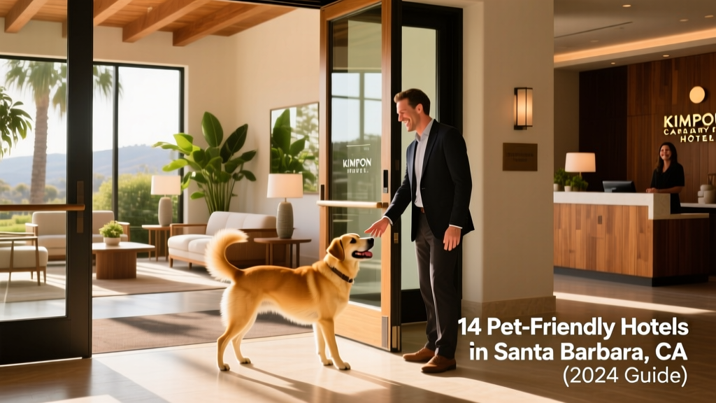 Stylish lobby of Kimpton Canary Hotel with modern decor and a friendly dog greeting guests