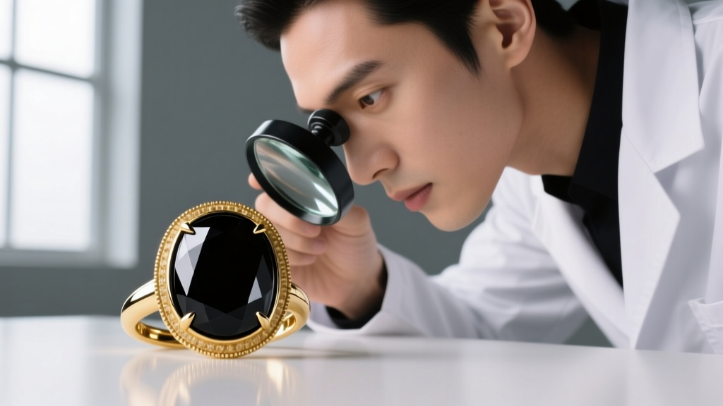 Jeweler using a loupe to inspect a black onyx cabochon bezel setting, revealing seamless joinery and a high-polish gold rim.