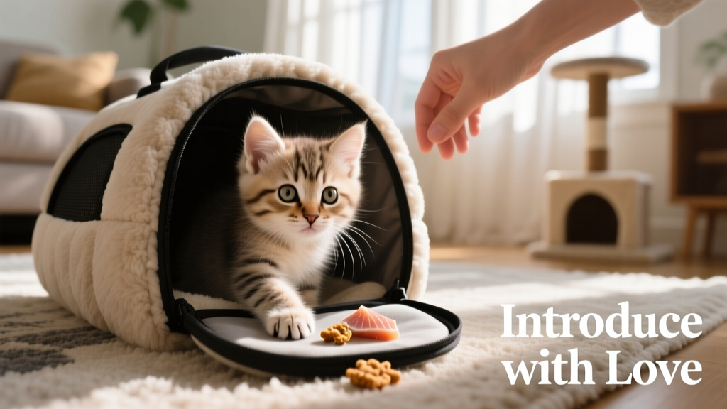 A 10-week-old kitten peeking out of an open, padded cat carrier with a treat nearby