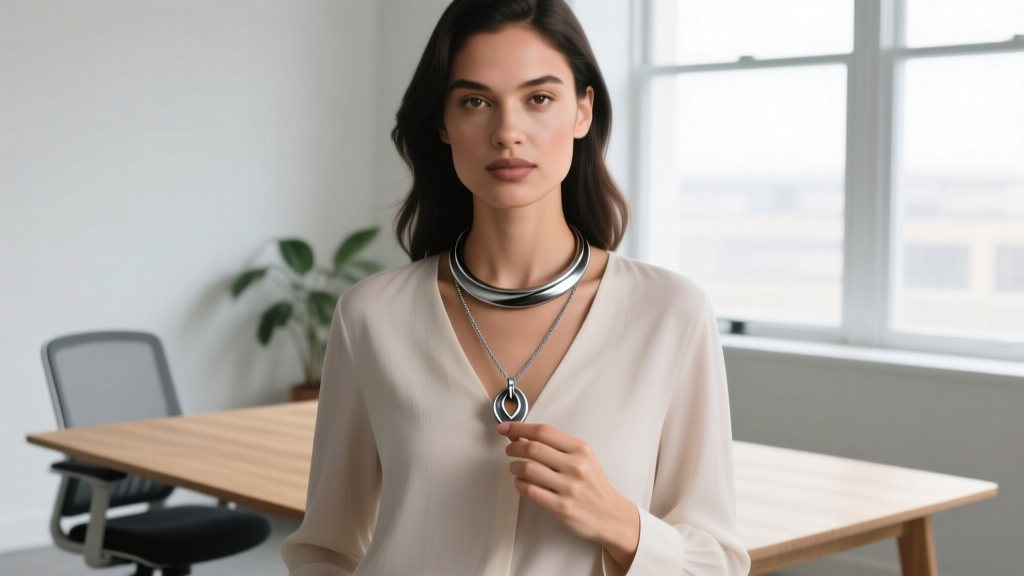 Model wearing a 24-inch matte tungsten carbide ADHD necklace, demonstrating the ergonomic reach for discrete hand fidgeting at desk.