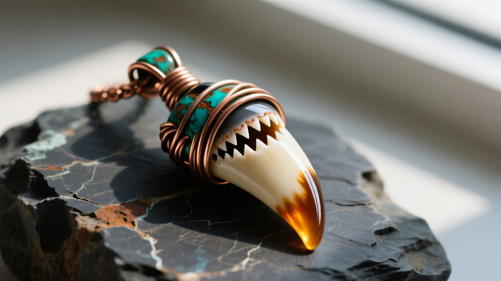 Close-up of a polished megalodon shark tooth pendant wrapped in 20-gauge oxidized copper wire, resting on dark slate rock.