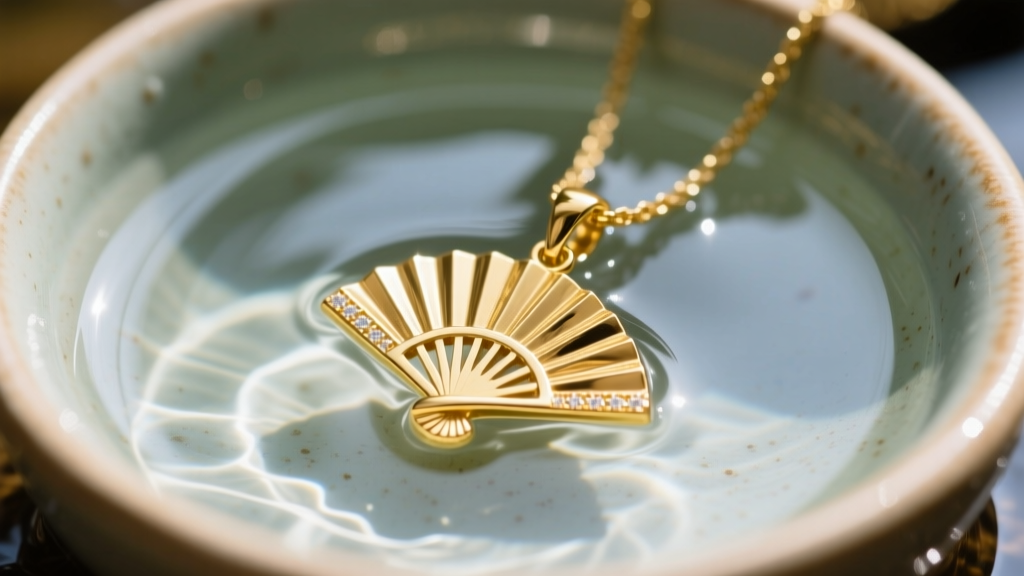 Macro shot of a 14k solid gold Oshun fan pendant partially submerged in a shallow ceramic bowl of clear fresh river water