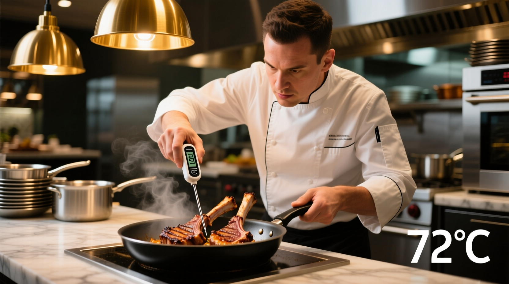 Professional chef checking food temperature with thermometer