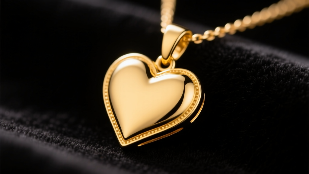 Close-up of a polished 14k yellow gold real heart necklace resting on dark velvet, illuminated by soft, warm studio lighting.