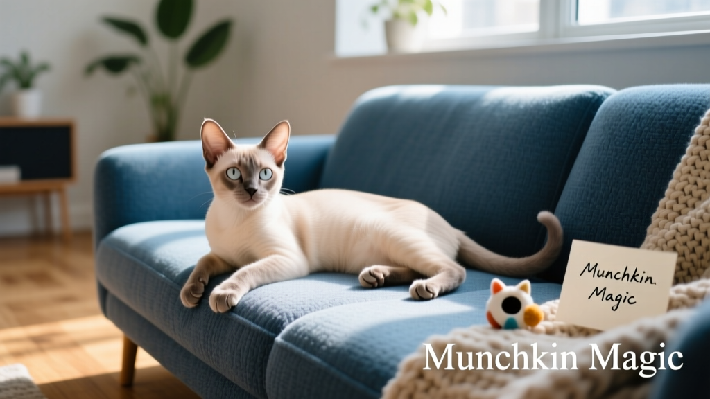 light-color munchkin cat on blue couch