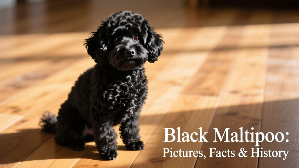 A glossy black Maltipoo sitting confidently on a sunlit wooden floor, showcasing its soft, curly coat and expressive eyes