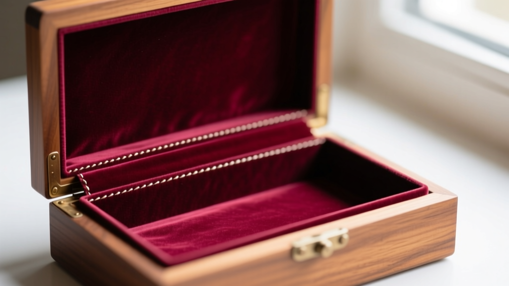 Interior of a restored jewelry box showing new anti-tarnish velvet lining secured with acid-free glue along the stitched edges