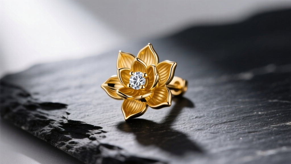Close-up of an 18k yellow gold lotus flower stud earring with a tiny diamond center, resting on dark slate with soft lighting.