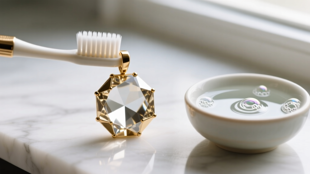 Soft toothbrush cleaning a faceted crystal pendant in brass alloy, beside a small bowl of distilled water and mild dish soap.