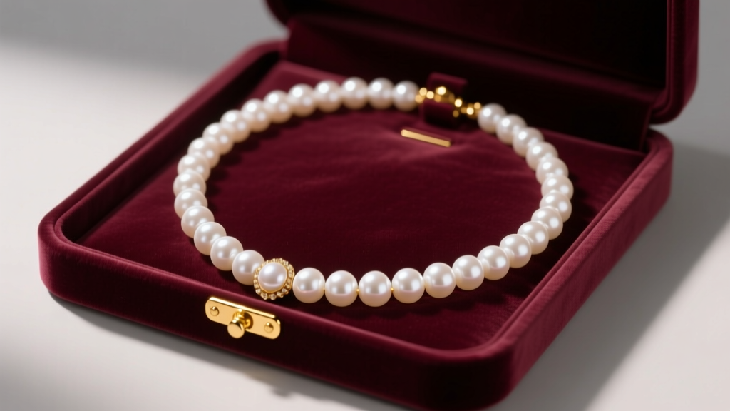 Velvet box revealing an 18-inch white Akoya string pearl necklace with a gold clasp under soft, warm studio lighting.