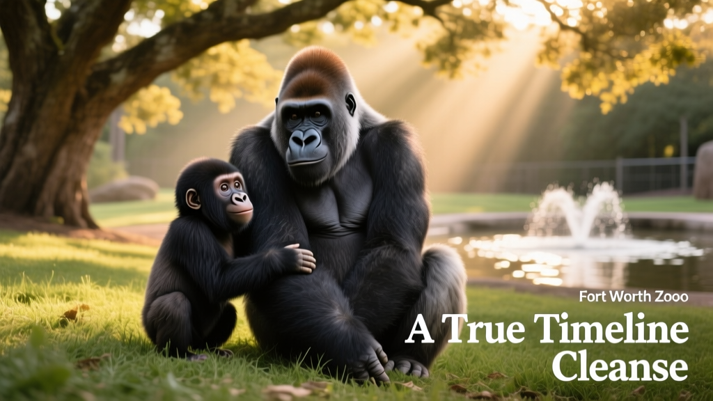Bruno resting beside his mother Gracie at the Fort Worth Zoo, both sitting calmly on shaded grass with soft morning light