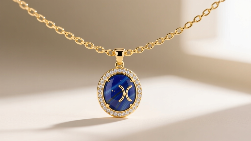 Close-up of a 1.2mm gold vermeil chain holding a Pisces zodiac pendant inlaid with deep blue lapis lazuli and crisp white enamel.