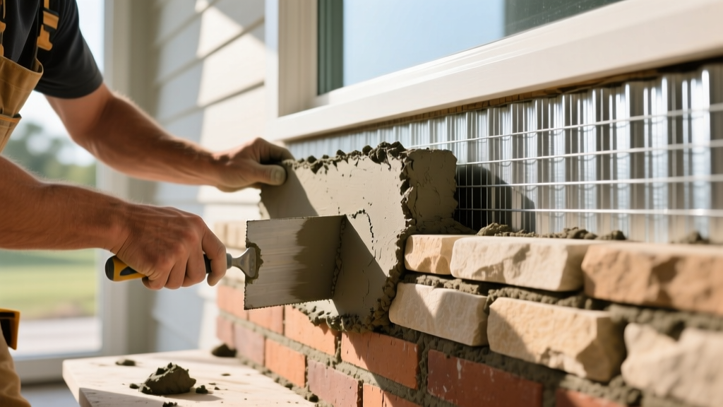 Mason troweling Type S mortar to install stacked stone veneer with brick substrate, showing galvanized lath and weather barrier