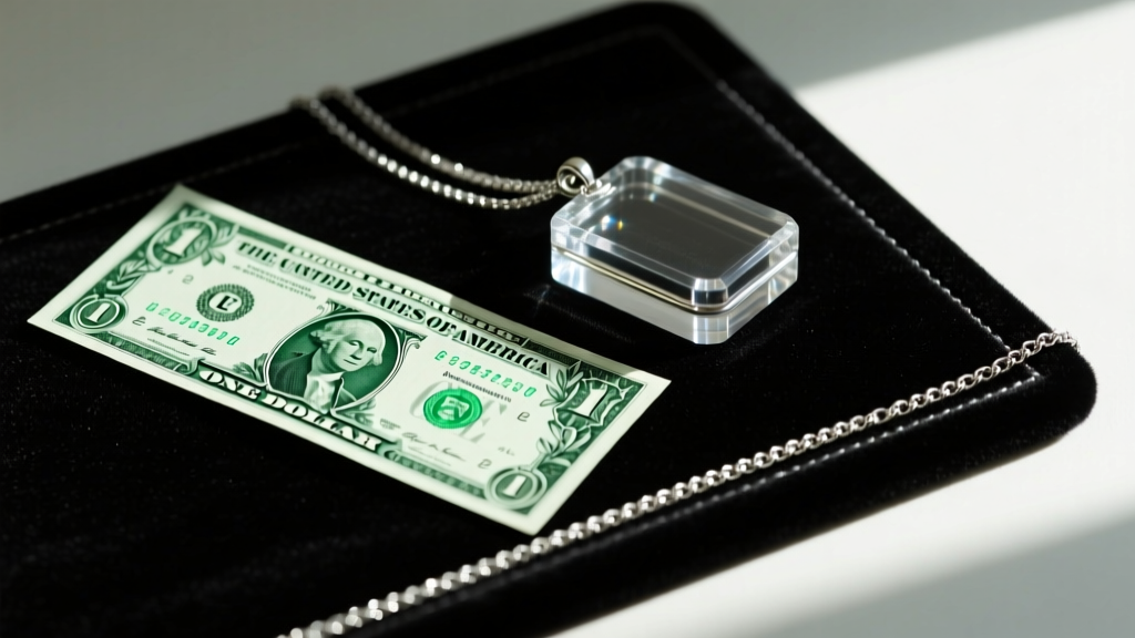 A crisp dollar bill beside a clear acrylic pendant casing and a sterling silver chain resting on a dark velvet jewelry mat