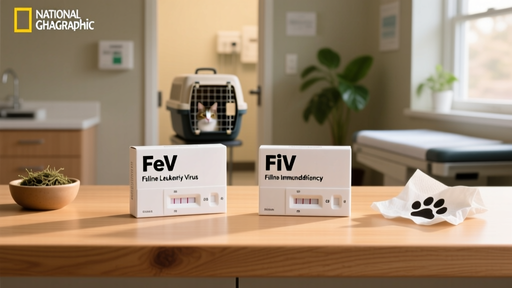 Side-by-side comparison of two simple, labeled test kits used for FeLV and FIV screening in a veterinary clinic