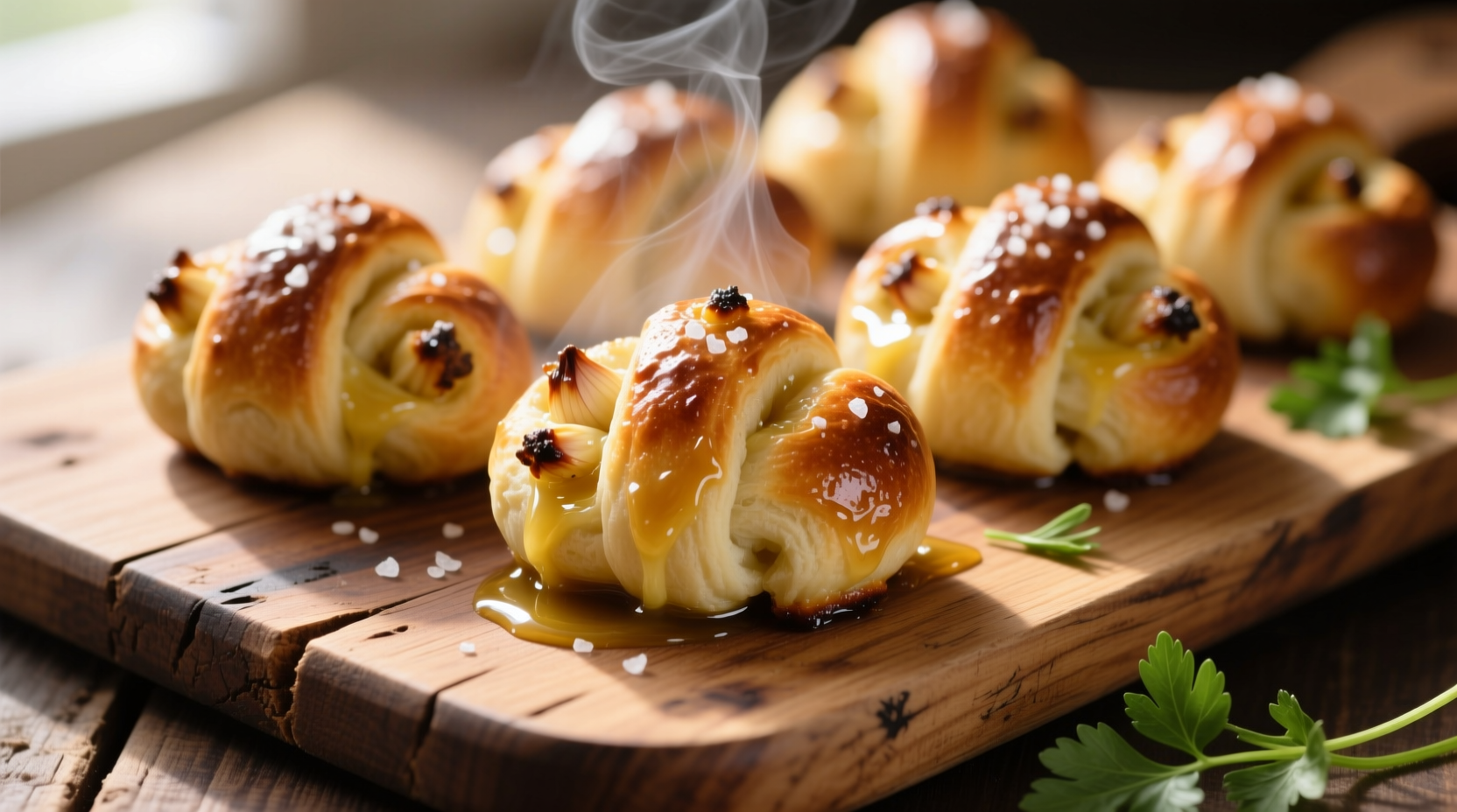 Freshly baked garlic knots on a wooden board