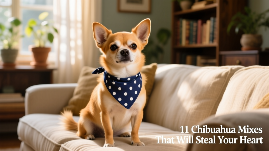 Apricot Chipoo, Chihuahua and Poodle mix, sitting on couch and wearing a bandana