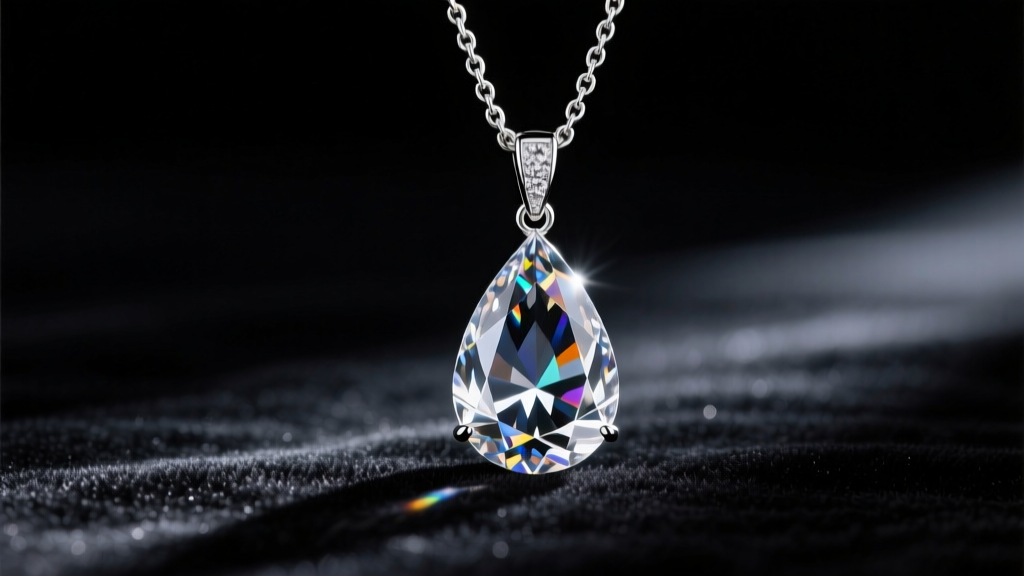 Close-up of a sparkling Austrian crystal teardrop pendant on a rhodium-plated chain, resting on dark velvet under studio lighting.
