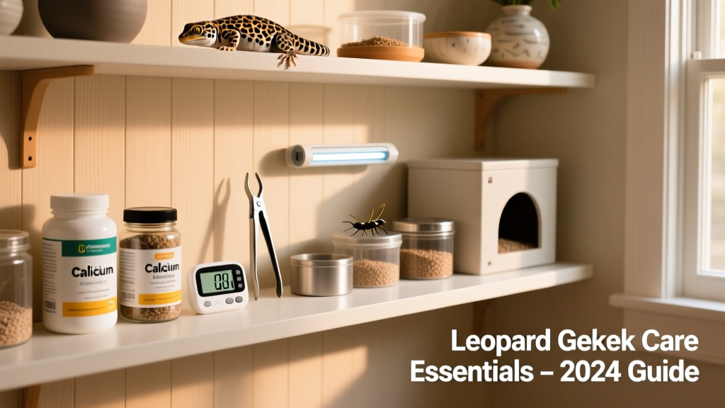 Well-organized shelf holding all essential leopard gecko supplies: supplements, thermometers, feeding tools, and habitat accessories