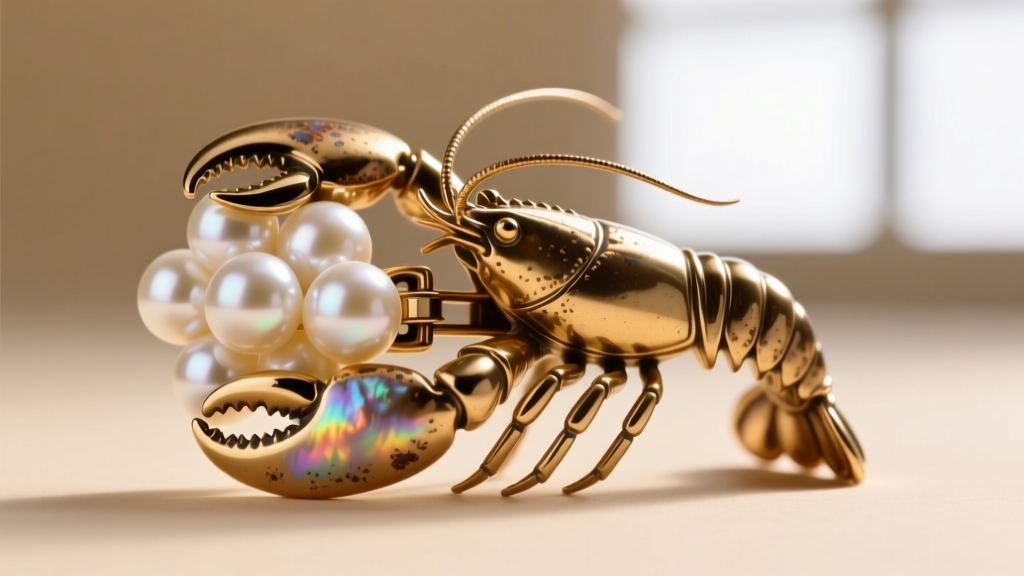 Macro shot of a brass lobster claw clasp attached to AAA-grade round freshwater pearls, highlighting high luster and thick nacre.