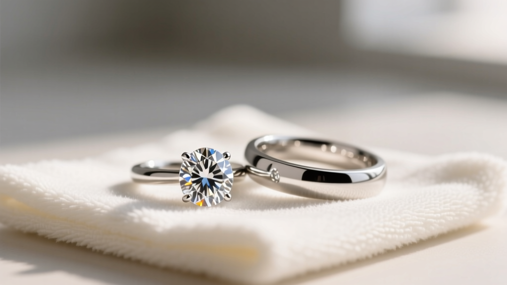 Close-up of a sparkling diamond solitaire pendant and matching platinum wedding band resting on a soft microfiber cleaning cloth