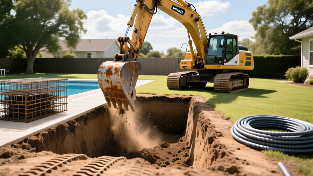 Excavator digging a large rectangular hole for an inground swimming pool in a suburban backyard with stacked rebar and plumbing pipes nearby