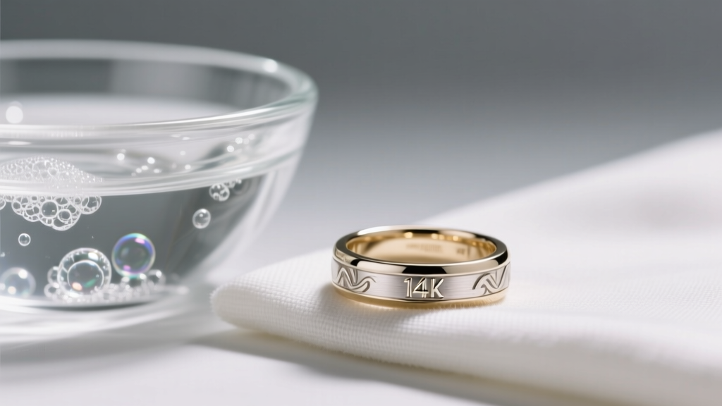 14k white gold ring on a microfiber cloth beside a glass bowl of soapy water, lit by soft studio lighting to show metal luster.