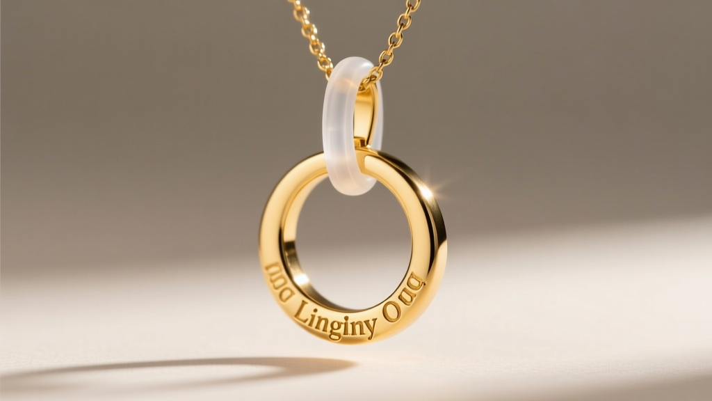 Close-up of a Lingling O necklace bail with a clear silicone stopper, stopping the circular gold pendant from flipping upside down