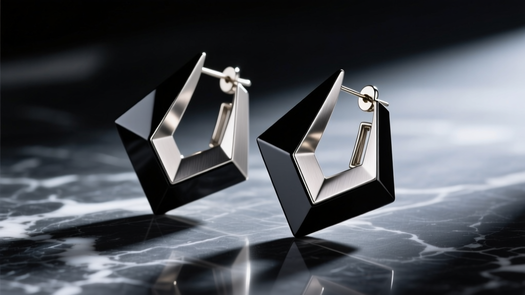 Large geometric oversized statement earrings of brushed titanium and black acetate on dark marble under dramatic studio lighting.