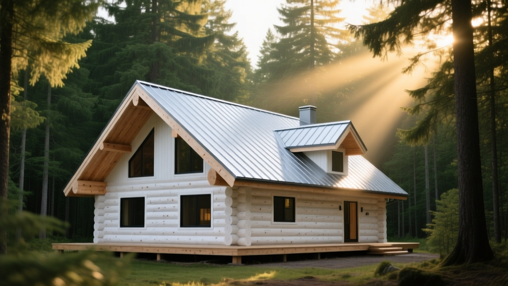 Constructed 1200 sq ft white pine log cabin with steep metal roof and exposed dovetail corners surrounded by evergreen trees.