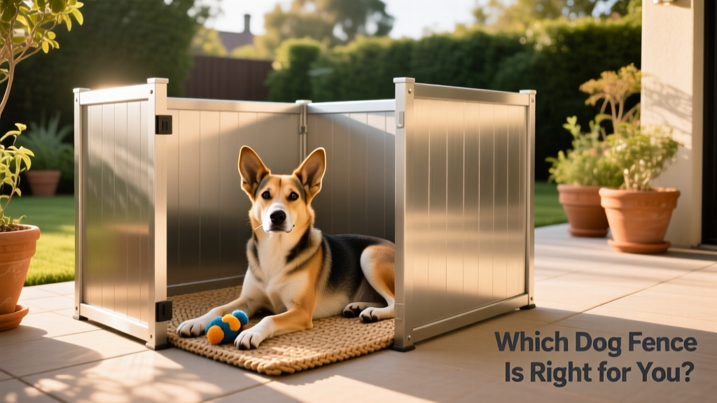 A compact, attractive aluminum portable fence section set up on a sunny patio with a relaxed dog inside