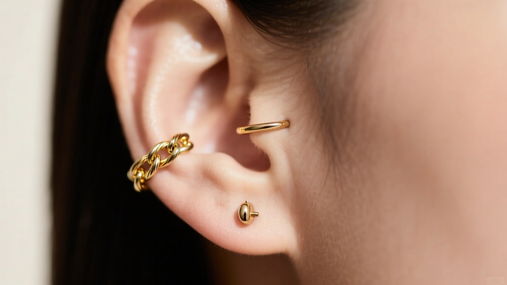 Profile showing a delicate 14k gold cable chain connecting a lobe stud to a cartilage cuff, soft natural lighting, sharp focus.